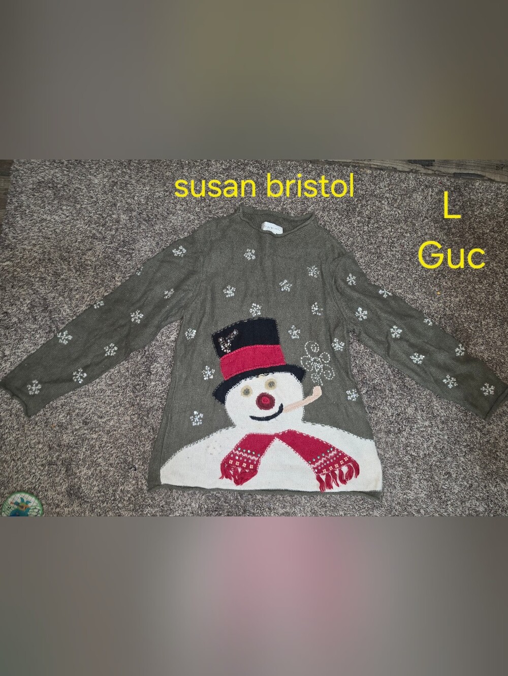 Vintage Susan Bristol Christmas Snowman Sweater Size L GUC Green 90s